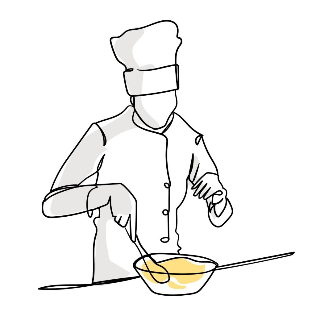 Ilustración lineal de un chef mezclando ingredientes en un bol, simbolizando creatividad y dedicación en la cocina.
