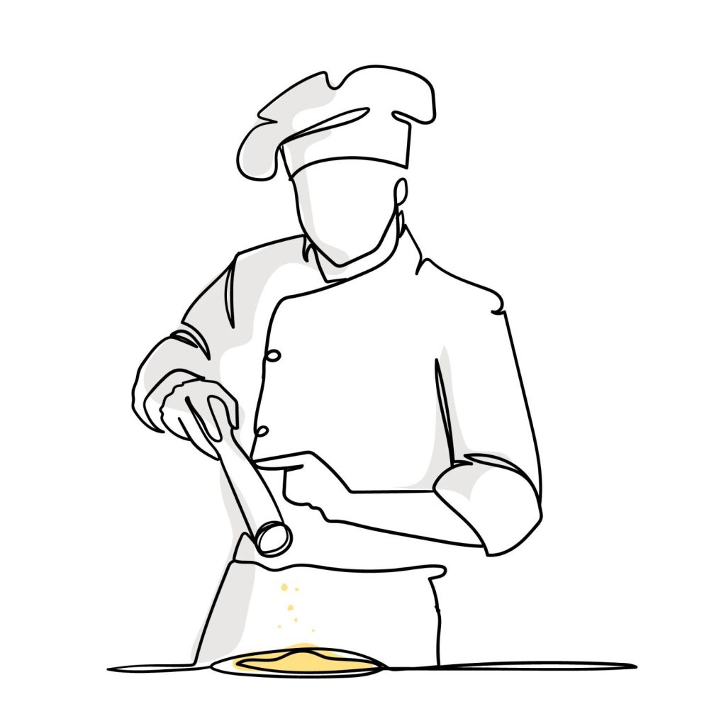 Ilustración lineal de un chef añadiendo un toque final a un plato, destacando precisión y detalle culinario.