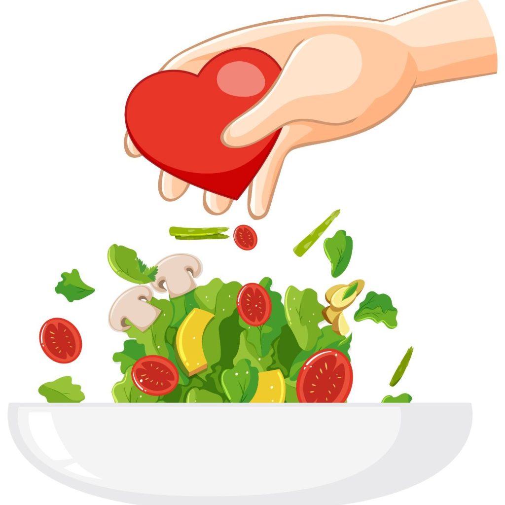 Mano agregando un corazón a una ensalada, representando pasión y cuidado en la preparación de alimentos